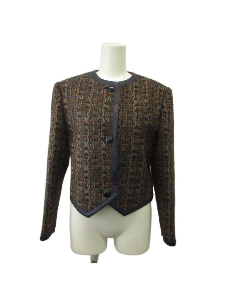 Dior Vintage Jacket Color Top Wool 9 Navy Long Sleeve Woven Pattern Kk